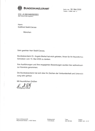 Brief von Bundeskanzlerin Merkel an Gottfried Seidl